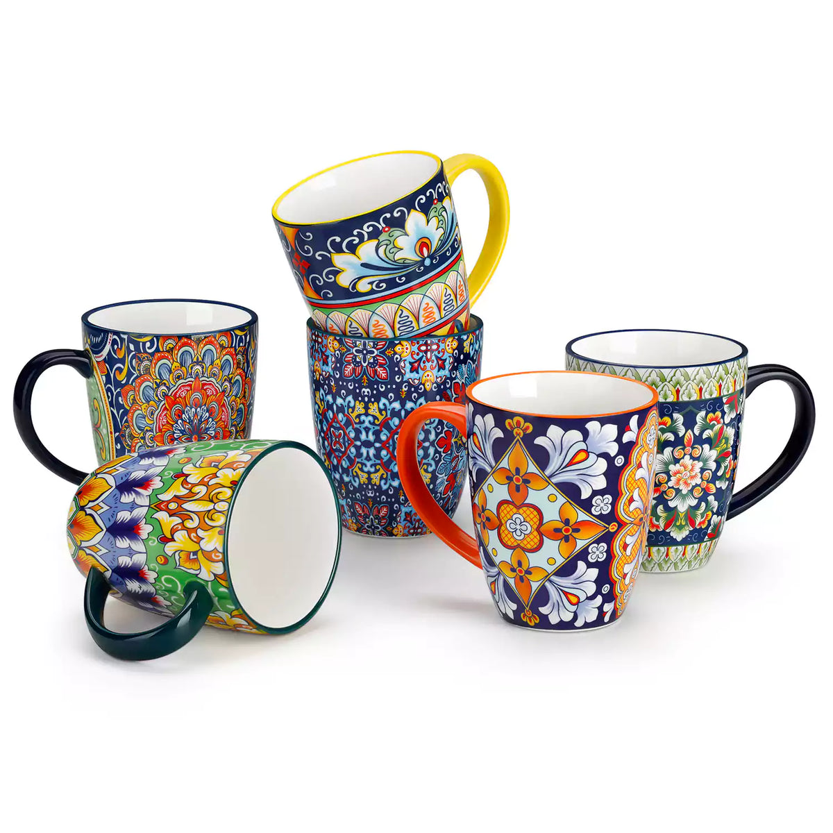 Simi 12oz boho coffee mugs set of 6 colorful ceramic cups with bohemian pattern