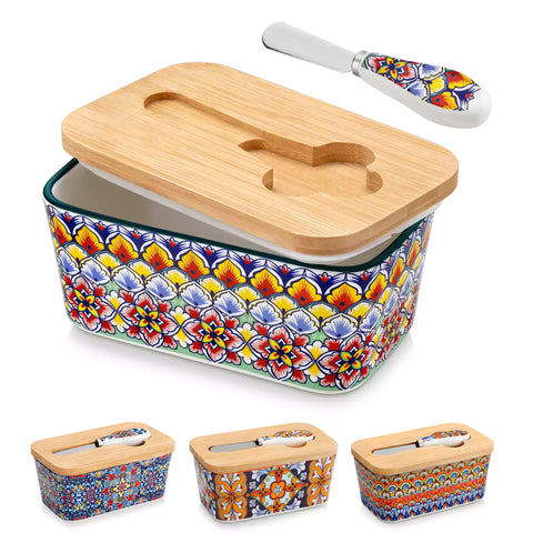 Forest green porcelain butter dish with wooden lid in boho chic style - perfect for a colorful breakfast table with bread and coffee-vancasso