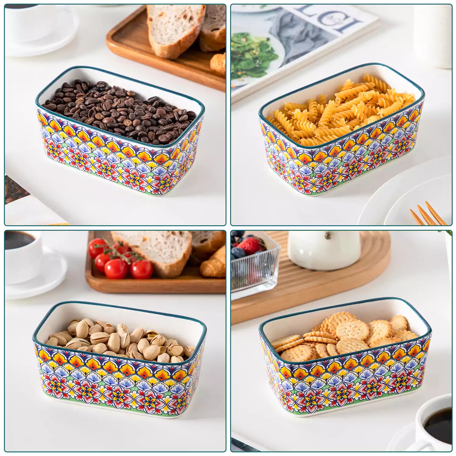 Forest green porcelain butter dish with wooden lid in boho chic style - perfect for a colorful breakfast table with bread and coffee-vancasso