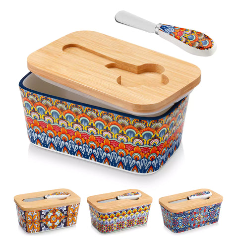 Hunter green porcelain butter dish with wooden lid in boho chic style - perfect for a colorful breakfast table with bread and coffee-vancasso