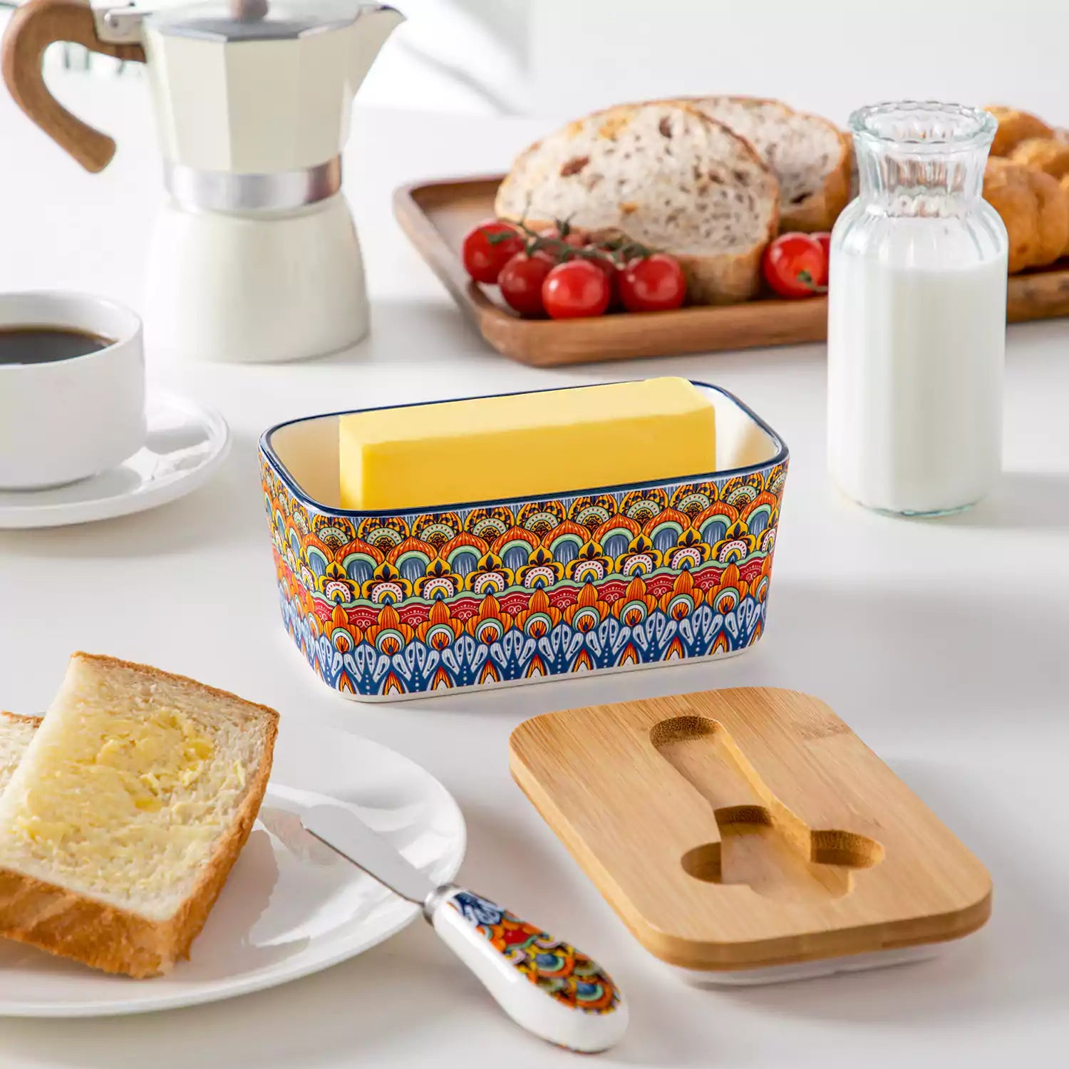 Hunter green porcelain butter dish with wooden lid in boho chic style - perfect for a colorful breakfast table with bread and coffee-vancasso
