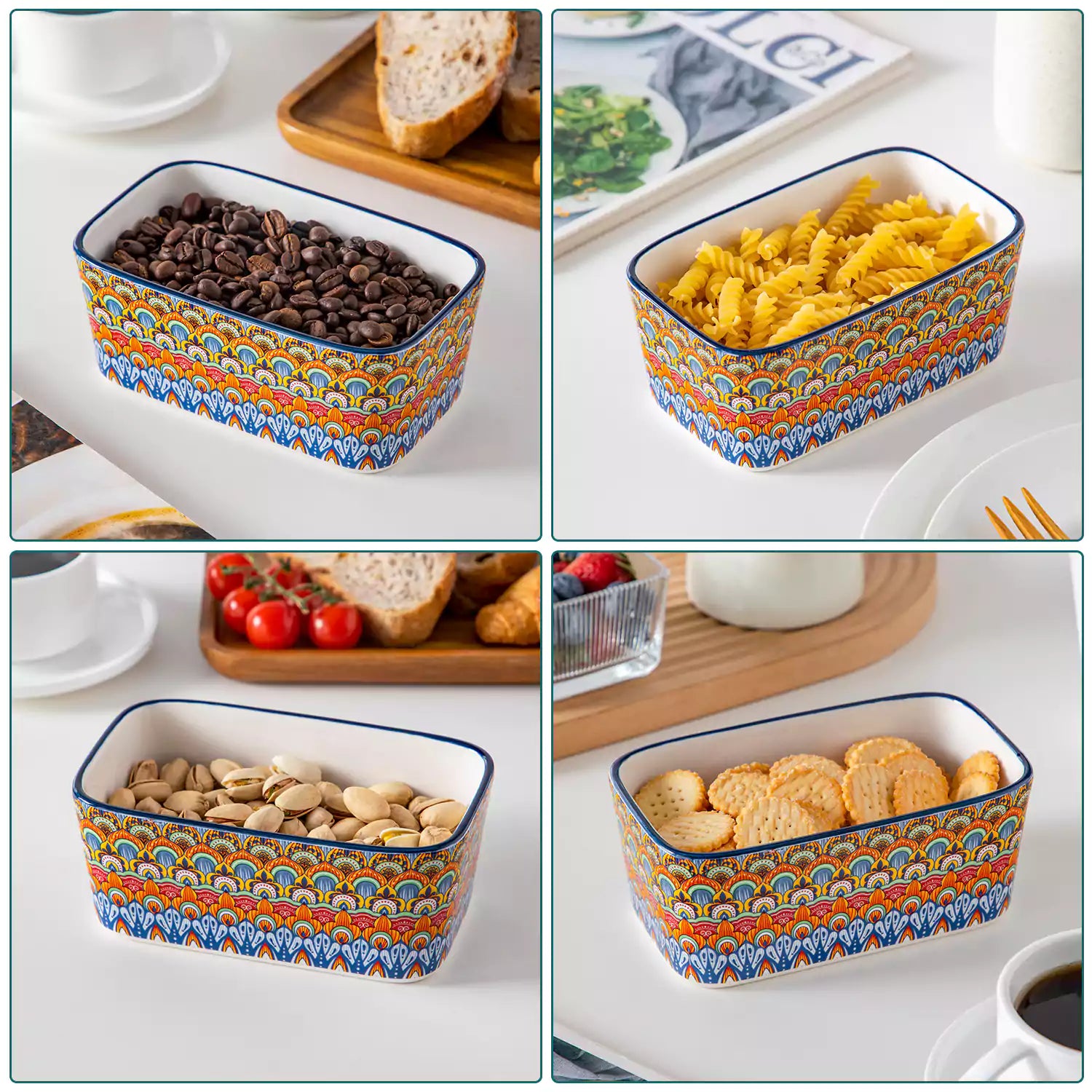 Hunter green porcelain butter dish with wooden lid in boho chic style - perfect for a colorful breakfast table with bread and coffee-vancasso