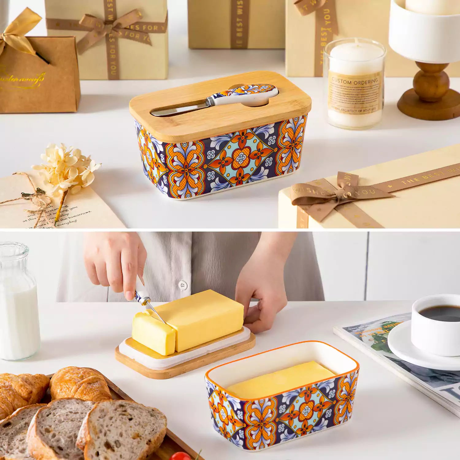 Bold orange porcelain butter dish with wooden lid in boho chic style - perfect for a colorful breakfast table with bread and coffee-vancasso