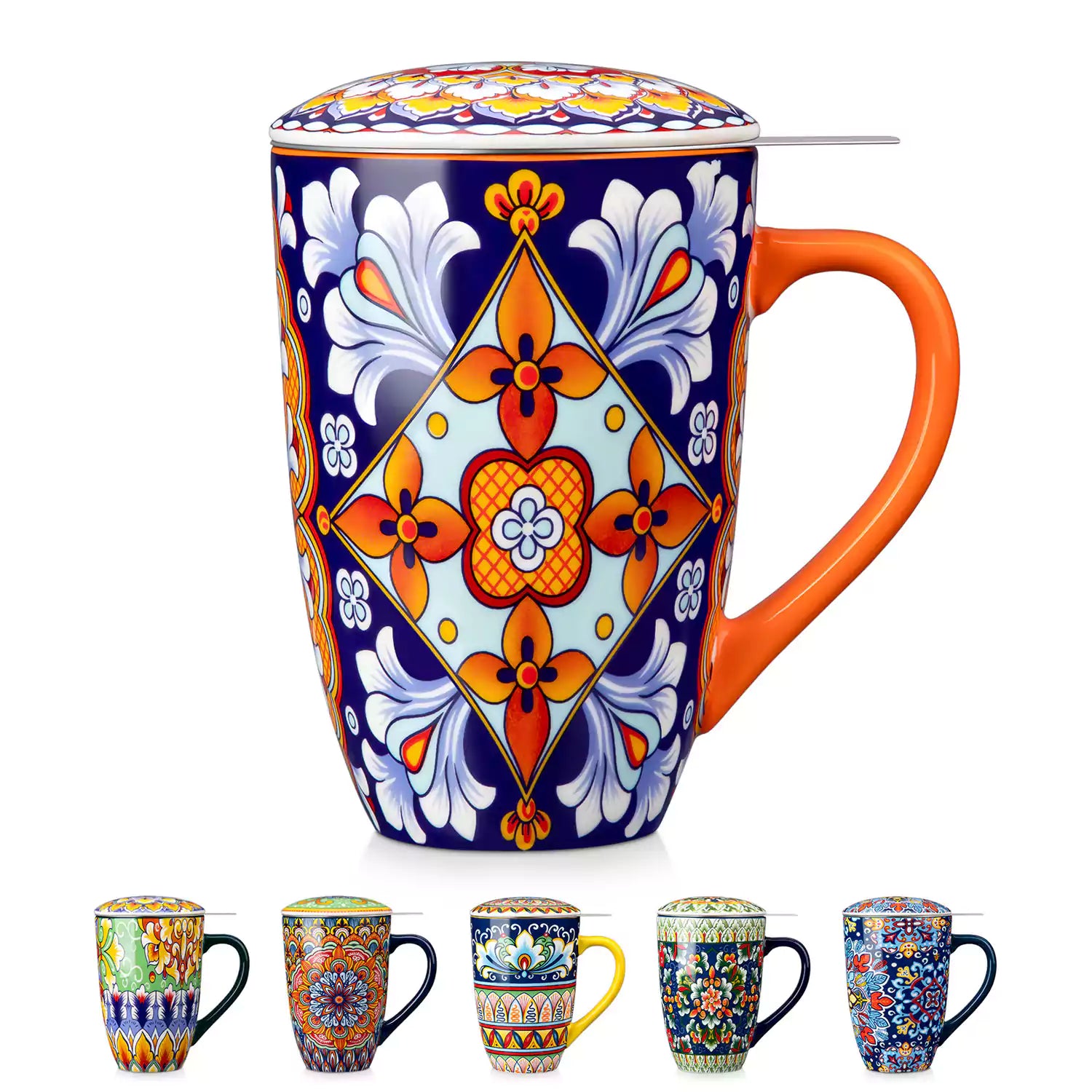Simi tea mug with infuser and lid colorful bold orange boho chic ceramic coffee cup with spoon and loose tea leaves on white background