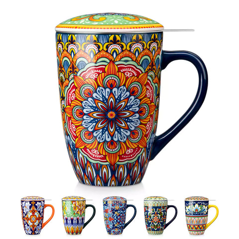 Simi tea mug with infuser and lid colorful forest green boho chic ceramic coffee cup with spoon and loose tea leaves on white background 
