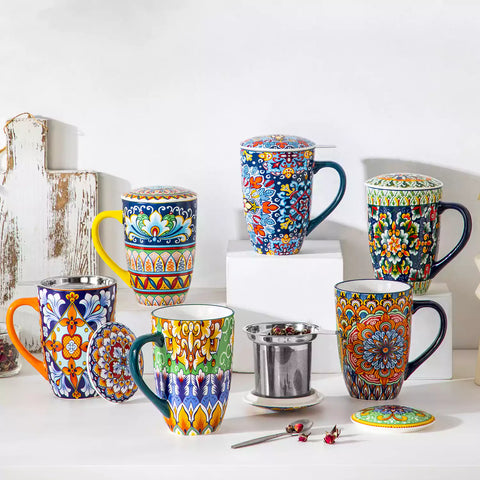 Simi tea mug with infuser and lid colorful forest green boho chic ceramic coffee cup with spoon and loose tea leaves on white background 