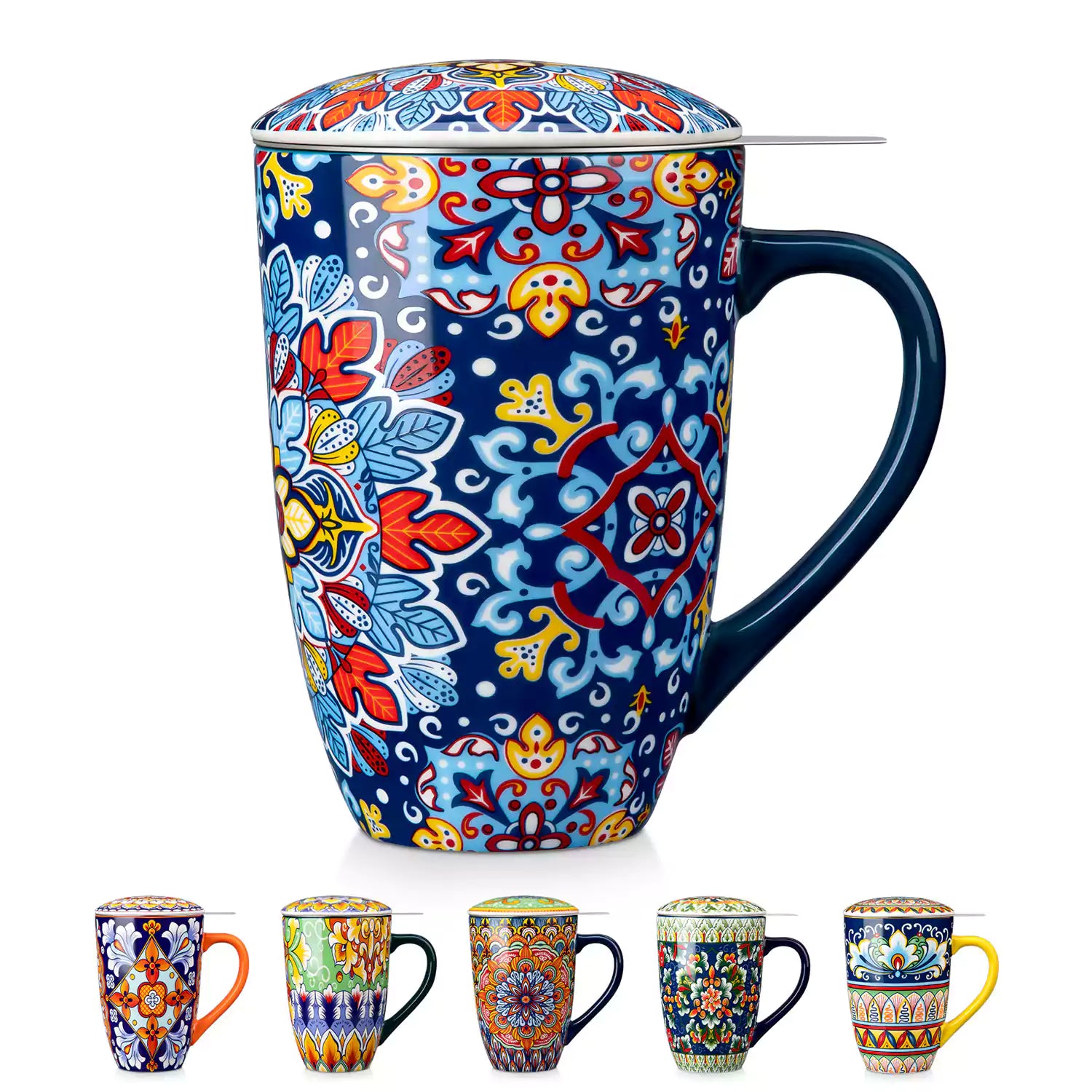 Simi tea mug with infuser and lid colorful navy blue boho chic ceramic coffee cup with spoon and loose tea leaves on white background