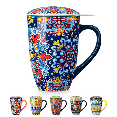 Simi tea mug with infuser and lid colorful navy blue boho chic ceramic coffee cup with spoon and loose tea leaves on white background