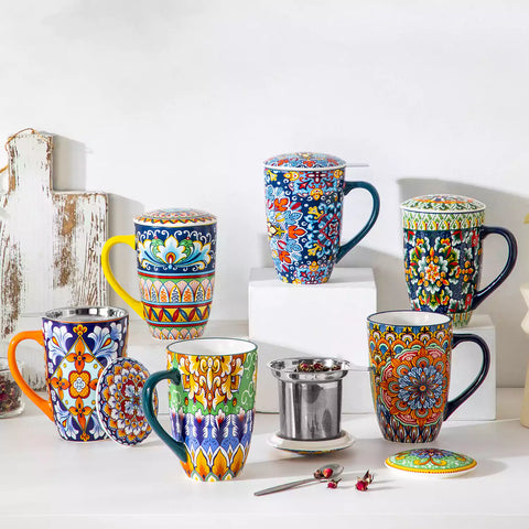 Simi tea mug with infuser and lid colorful midnight blue boho chic ceramic coffee cup with spoon and loose tea leaves on white background