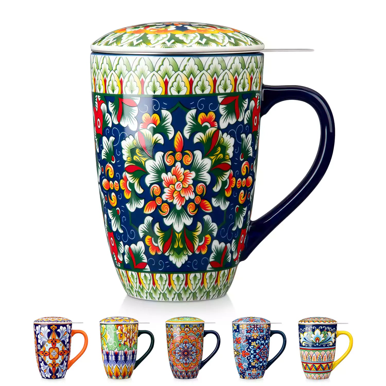 Simi tea mug with infuser and lid colorful midnight blue boho chic ceramic coffee cup with spoon and loose tea leaves on white background