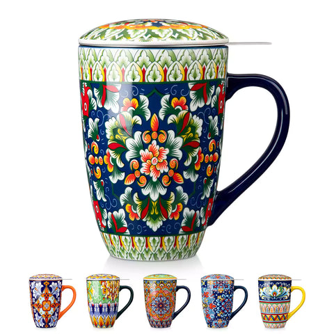 Simi tea mug with infuser and lid colorful midnight blue boho chic ceramic coffee cup with spoon and loose tea leaves on white background