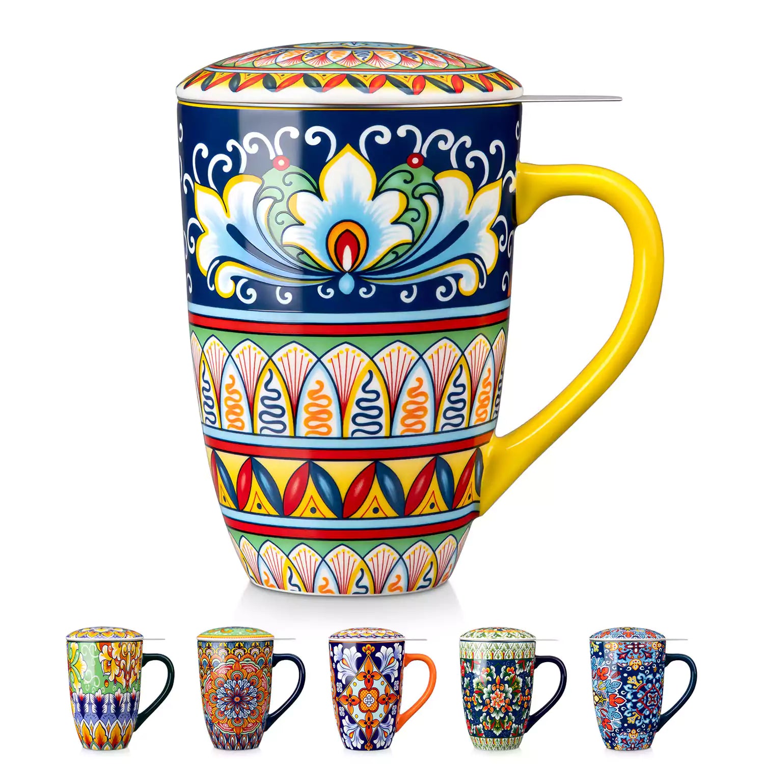 Simi tea mug with infuser and lid colorful golden yellow boho chic ceramic coffee cup with spoon and loose tea leaves on white background