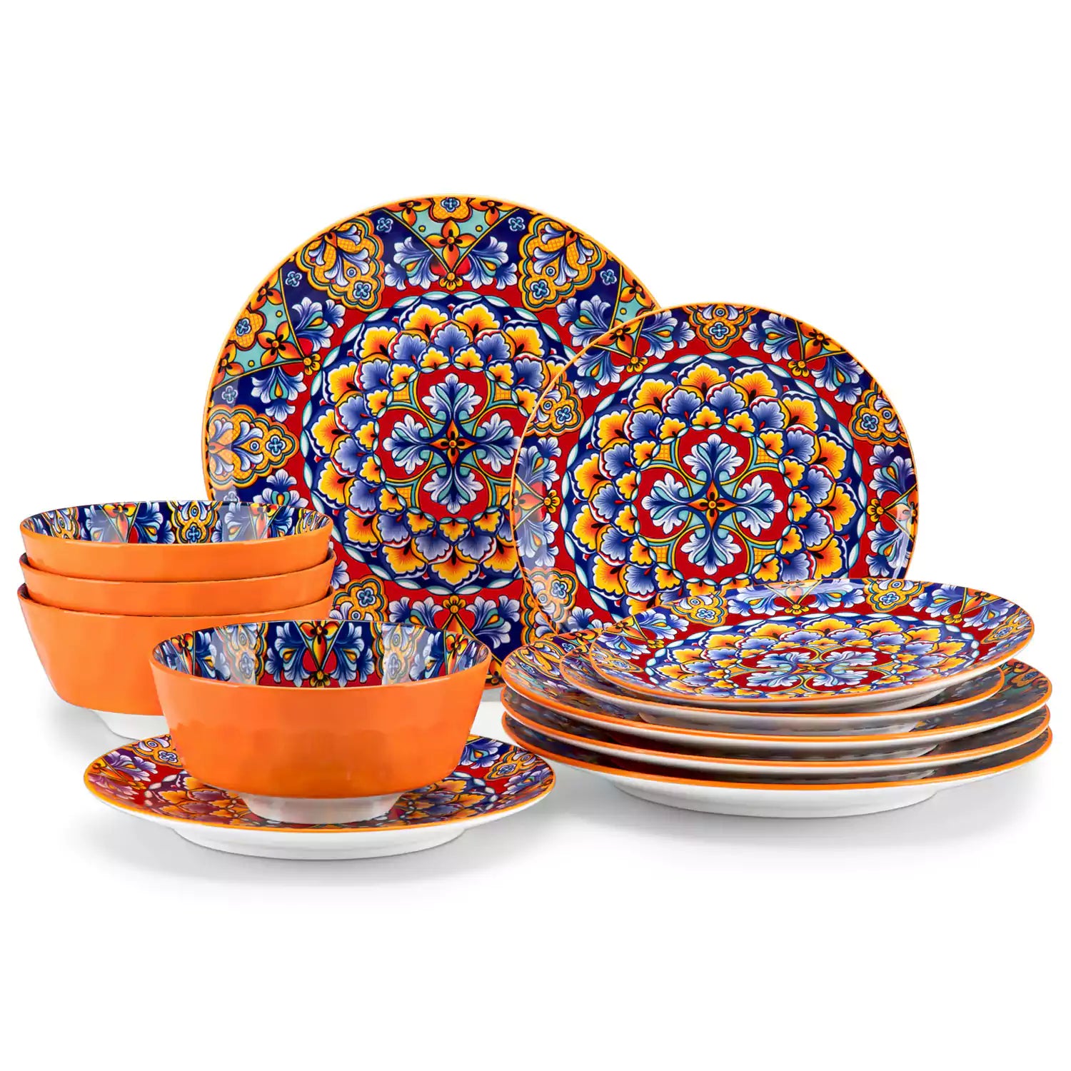 Bohemian-style 12-piece porcelain dinnerware set with front-only floral and geometric patterns in bold orange - modern and artistic table setting