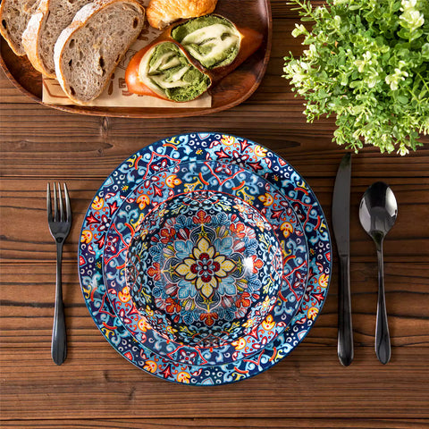Bohemian-style 12-piece porcelain dinnerware set with front-only floral and geometric patterns in vivid red - modern and artistic table setting
