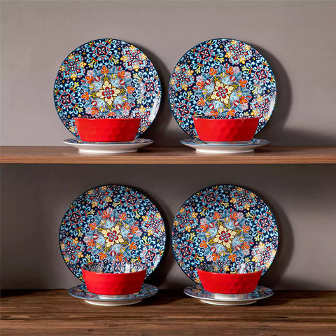 Bohemian-style 12-piece porcelain dinnerware set with front-only floral and geometric patterns in vivid red - modern and artistic table setting