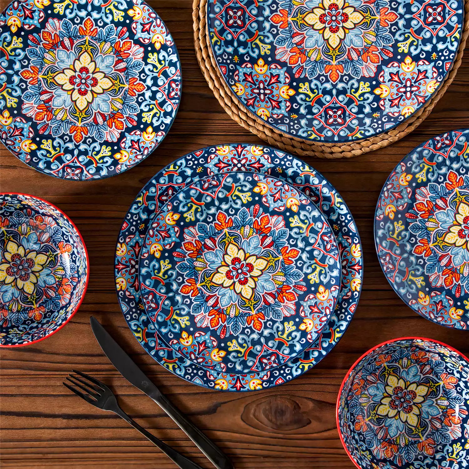 Bohemian-style 12-piece porcelain dinnerware set with front-only floral and geometric patterns in vivid red - modern and artistic table setting