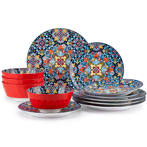 Bohemian-style 12-piece porcelain dinnerware set with front-only floral and geometric patterns in vivid red - modern and artistic table setting