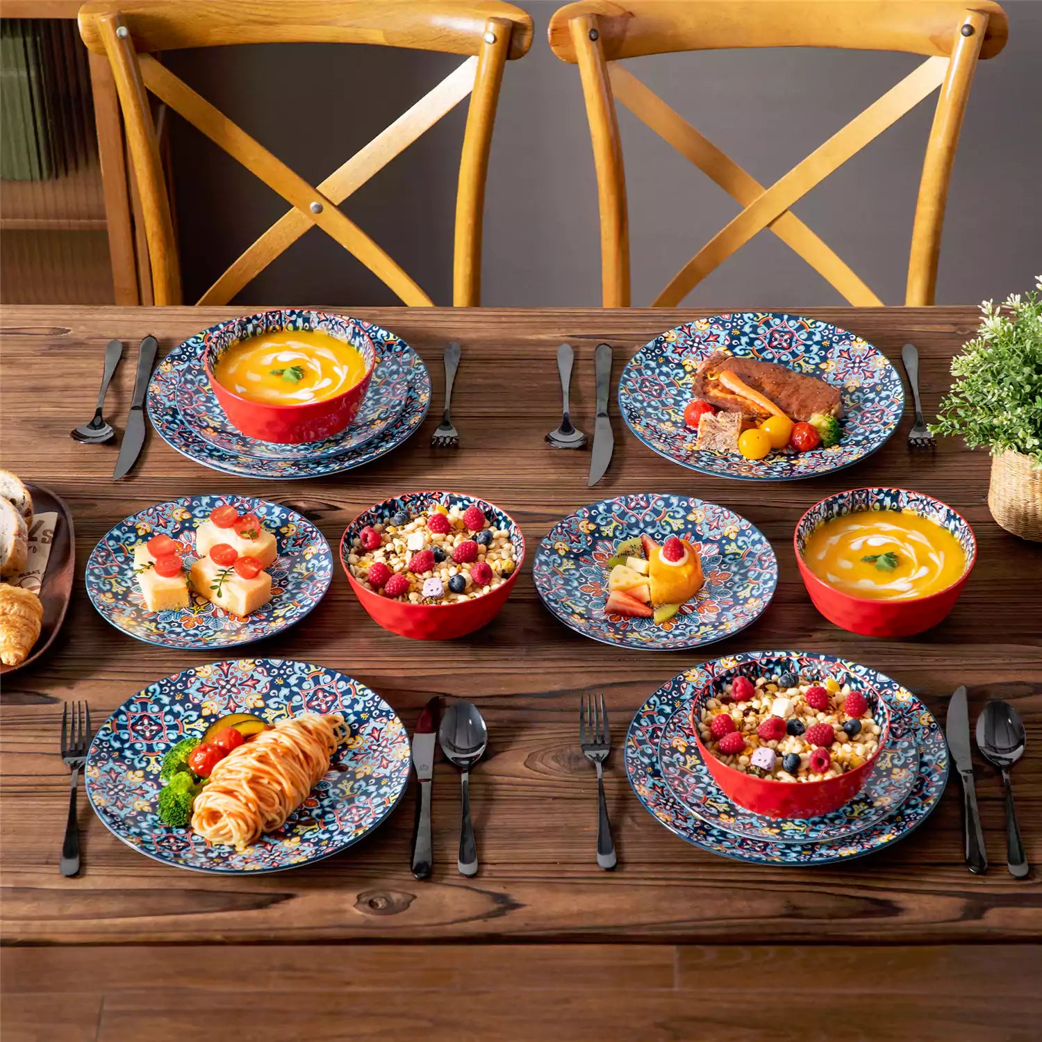 Bohemian-style 12-piece porcelain dinnerware set with front-only floral and geometric patterns in vivid red - modern and artistic table setting