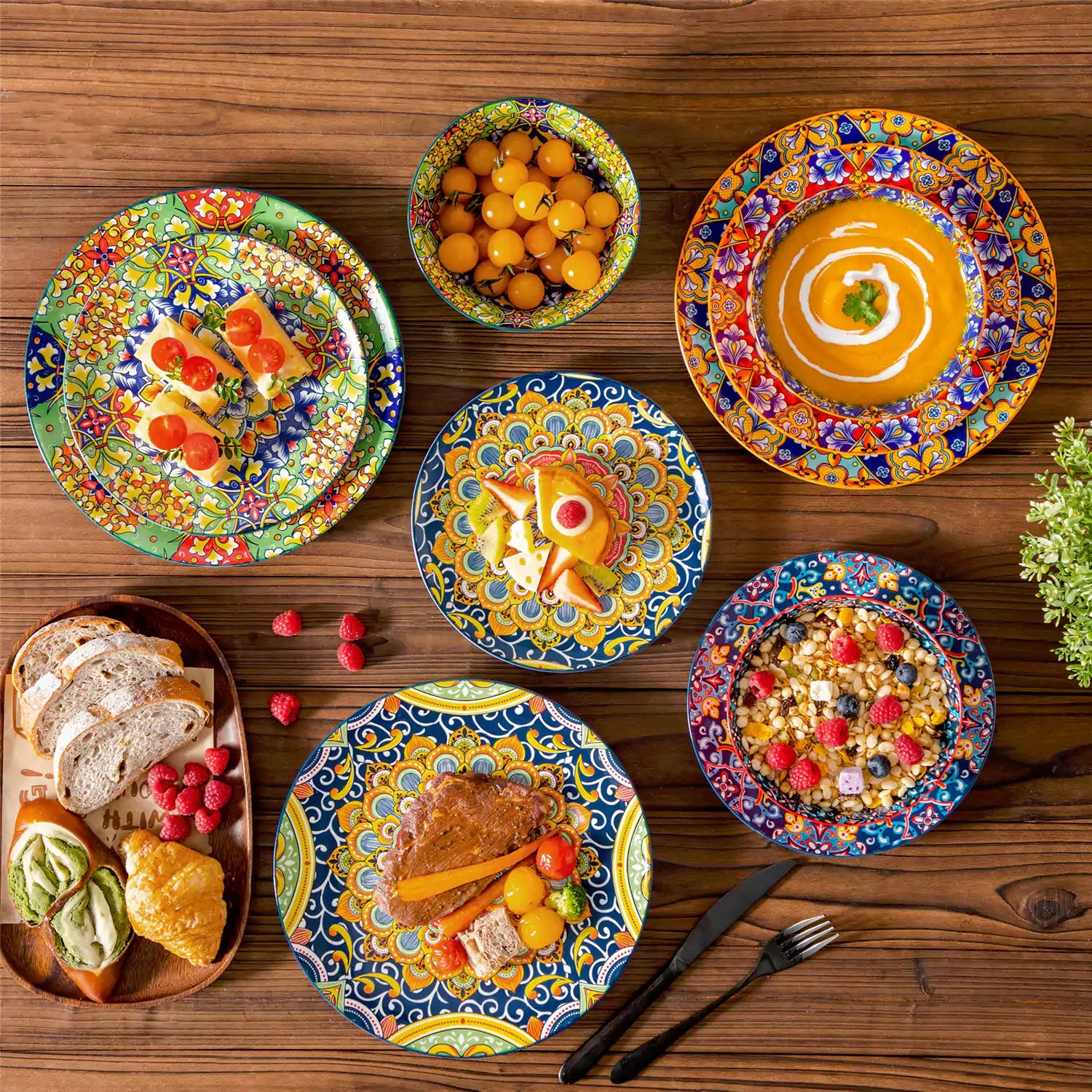 Bohemian-style 12-piece porcelain dinnerware set with front-only floral and geometric patterns in assorted mix - modern and artistic table setting