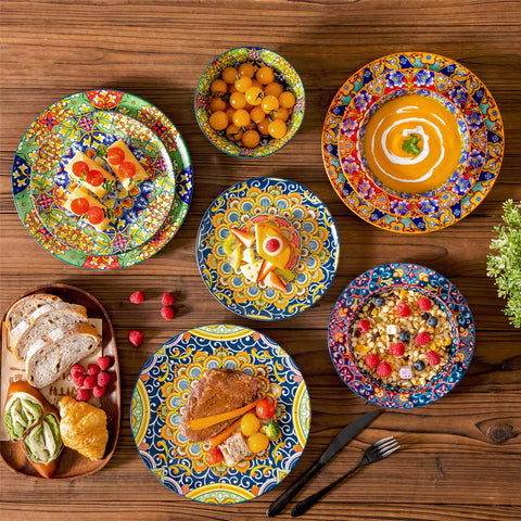 Bohemian-style 12-piece porcelain dinnerware set with front-only floral and geometric patterns in assorted mix - modern and artistic table setting