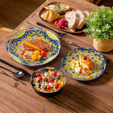 Bohemian-style 12-piece porcelain dinnerware set with front-only floral and geometric patterns in assorted mix - modern and artistic table setting