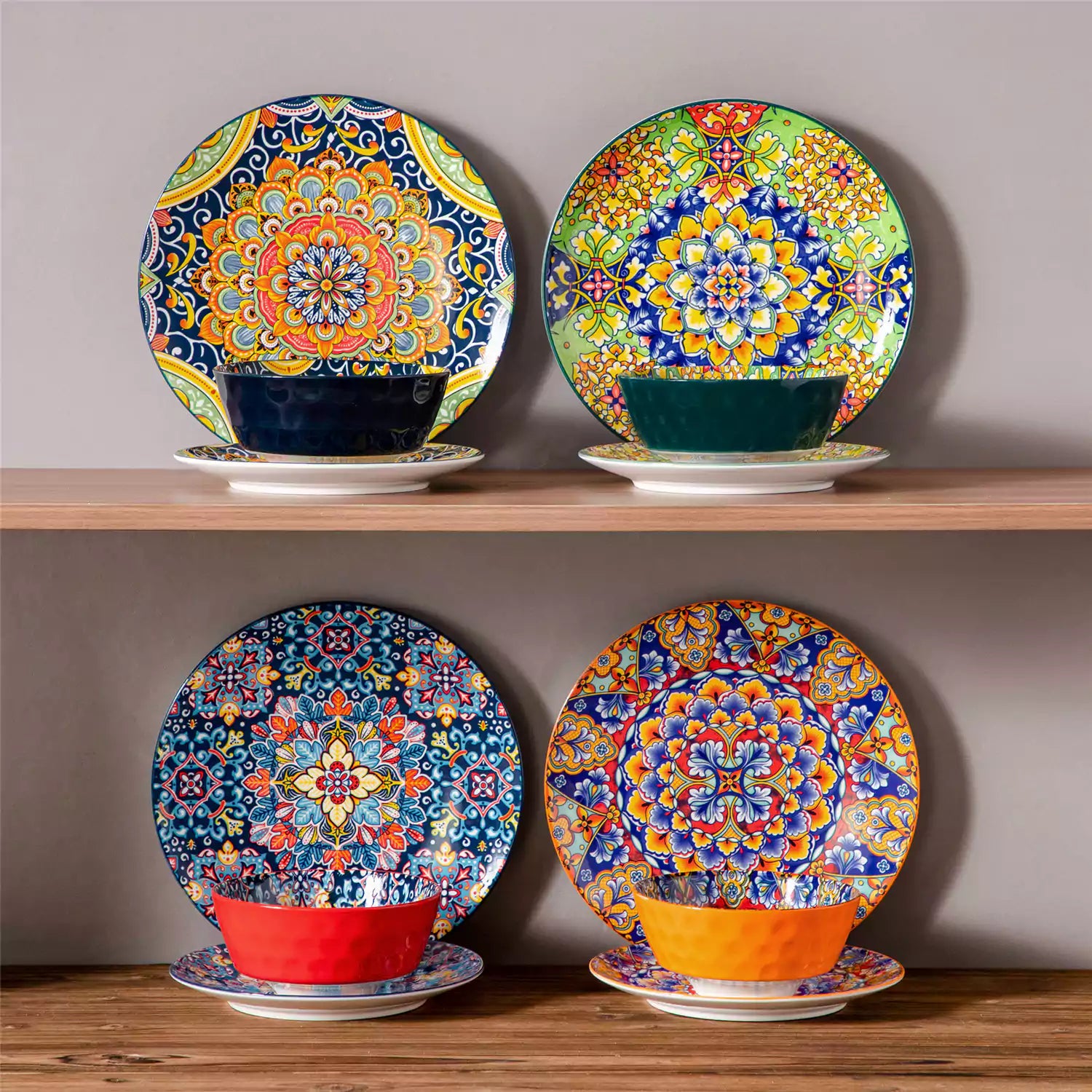 Bohemian-style 12-piece porcelain dinnerware set with front-only floral and geometric patterns in assorted mix - modern and artistic table setting