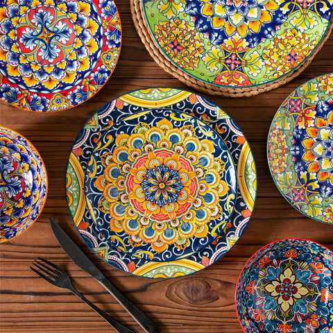 Bohemian-style 12-piece porcelain dinnerware set with front-only floral and geometric patterns in assorted mix - modern and artistic table setting