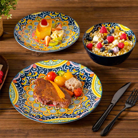 Bohemian-style 12-piece porcelain dinnerware set with front-only floral and geometric patterns in assorted mix - modern and artistic table setting
