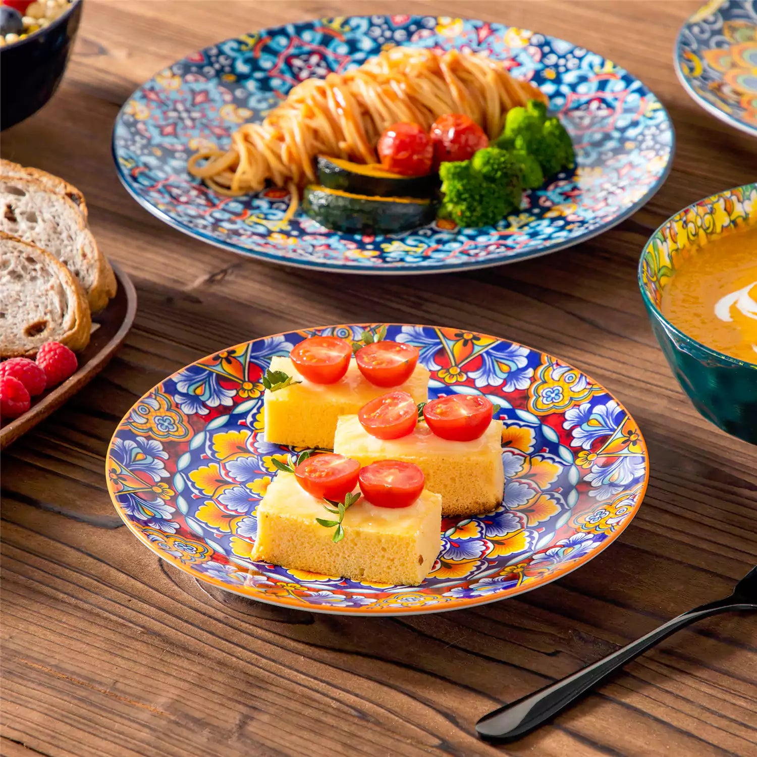 Bohemian-style 12-piece porcelain dinnerware set with front-only floral and geometric patterns in assorted mix - modern and artistic table setting