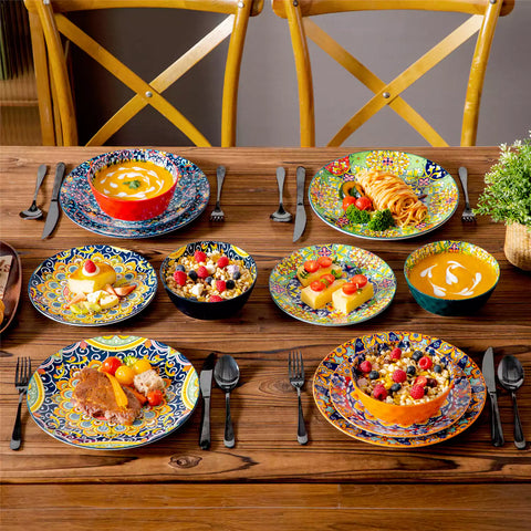 Bohemian-style 12-piece porcelain dinnerware set with front-only floral and geometric patterns in assorted mix - modern and artistic table setting