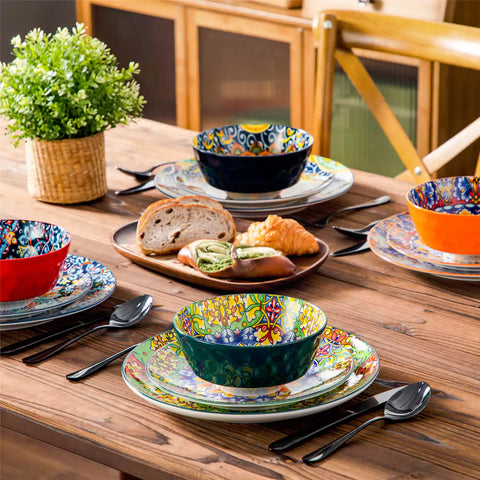 Bohemian-style 12-piece porcelain dinnerware set with front-only floral and geometric patterns in assorted mix - modern and artistic table setting