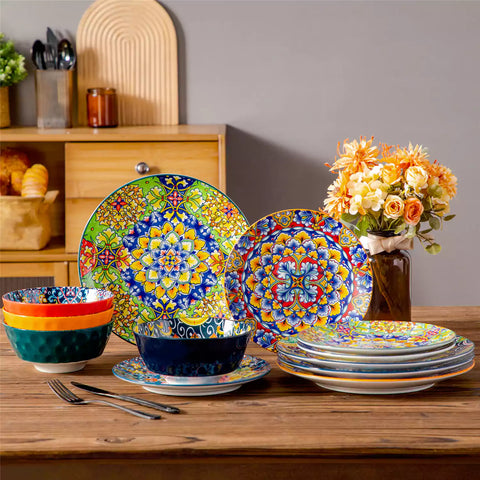 Bohemian-style 12-piece porcelain dinnerware set with front-only floral and geometric patterns in assorted mix - modern and artistic table setting