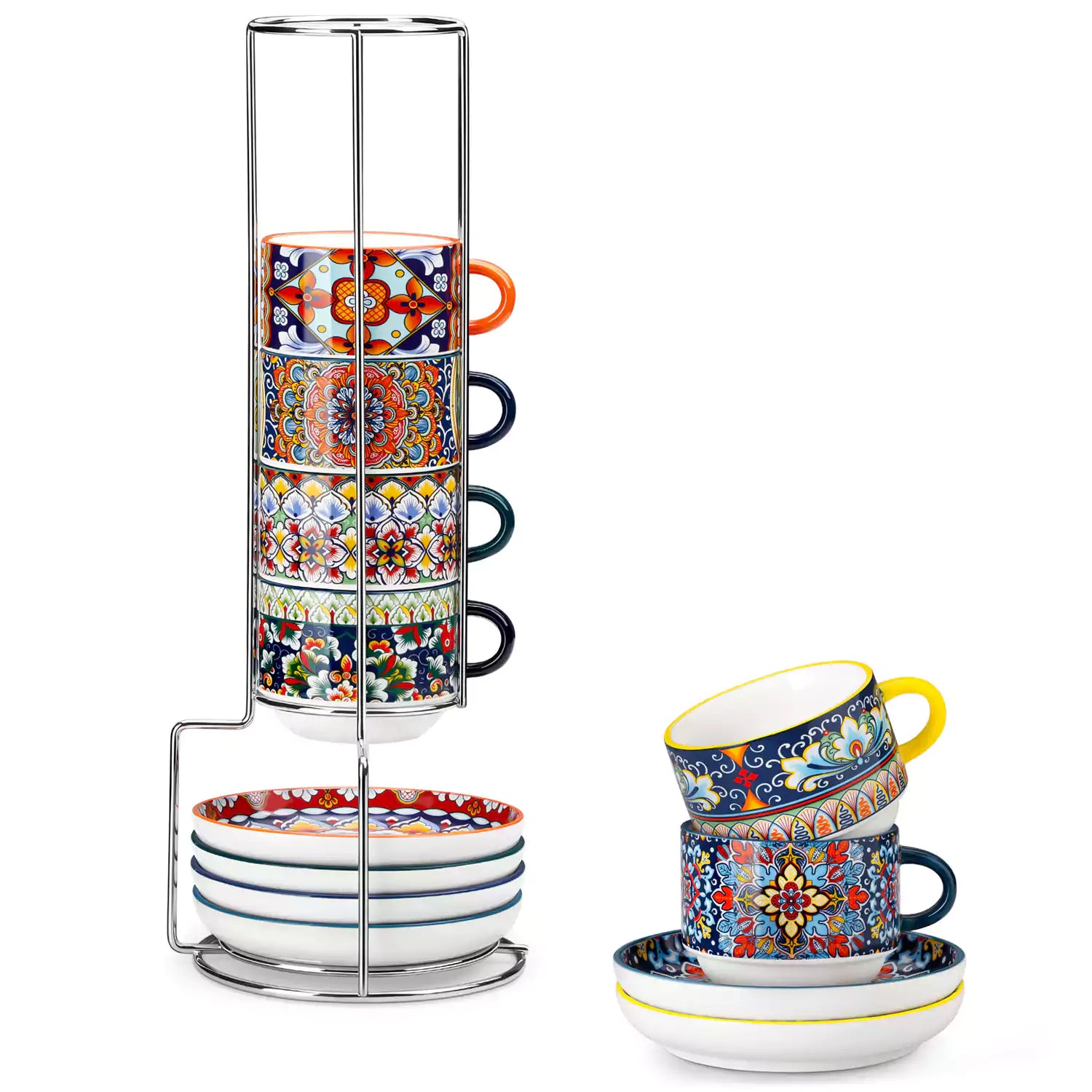 Simi 12 piece porcelain cafe set with 9oz flat white cups and saucers in vibrant boho chic floral patterns on a black metal storage rack with a magazine and napkin on a wooden table