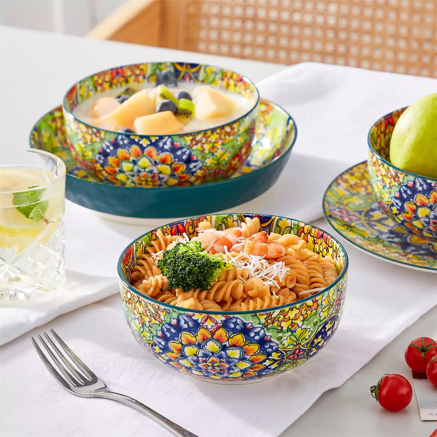 The Simi Set of 6 Double-Sided Stoneware Bowls by vancasso features a stylish boho chic design in grass green