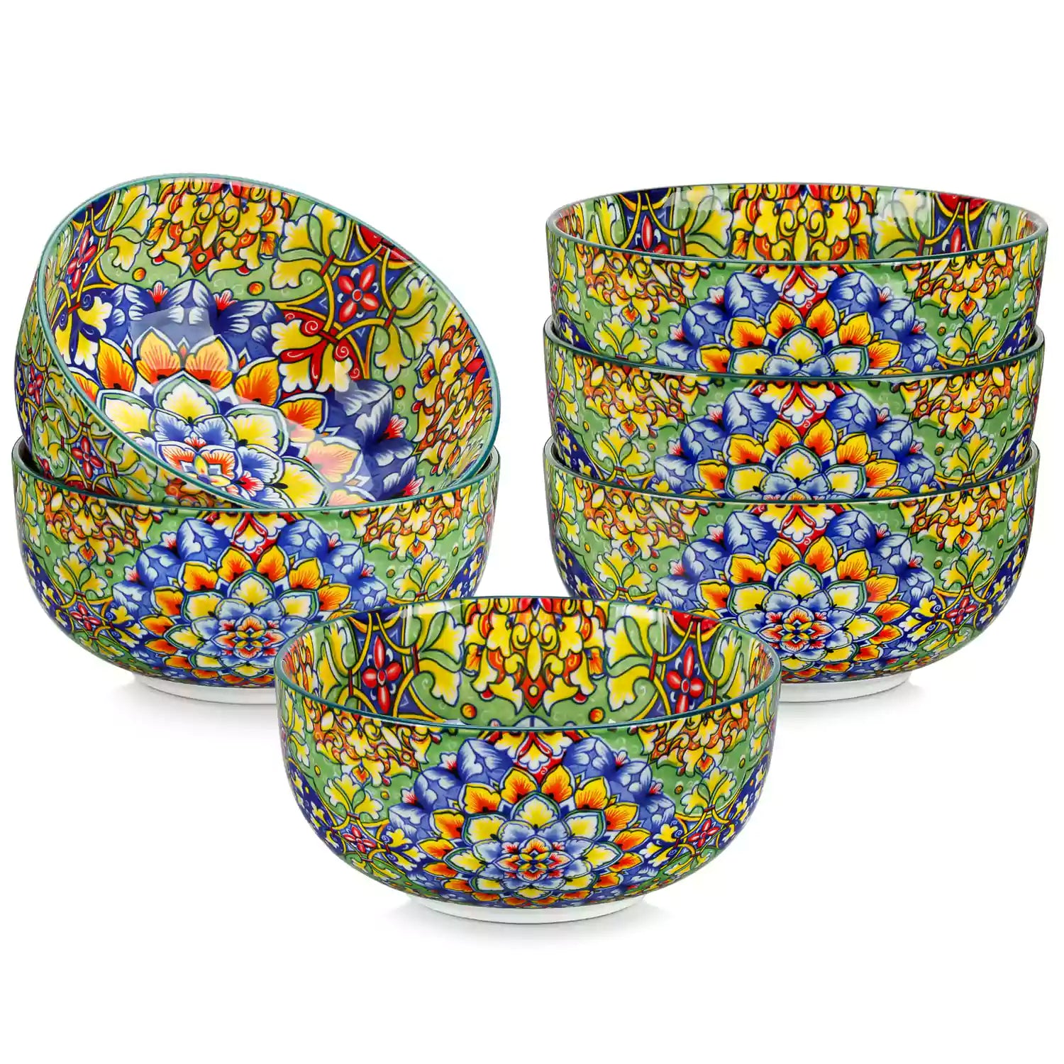 The Simi Set of 6 Double-Sided Stoneware Bowls by vancasso features a stylish boho chic design in grass green