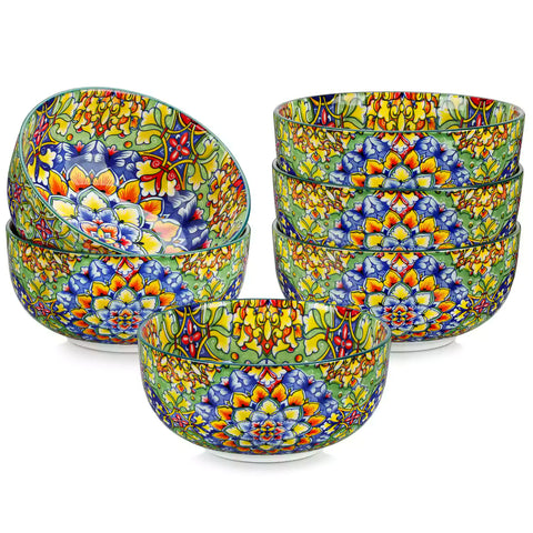 The Simi Set of 6 Double-Sided Stoneware Bowls by vancasso features a stylish boho chic design in grass green