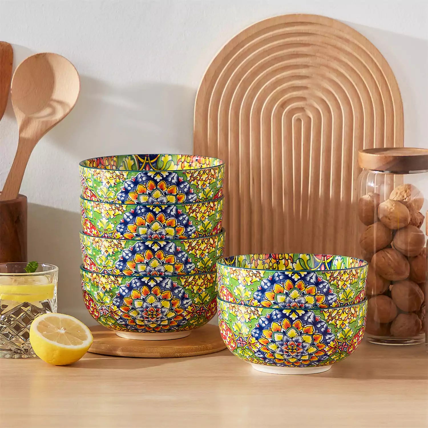 The Simi Set of 6 Double-Sided Stoneware Bowls by vancasso features a stylish boho chic design in grass green