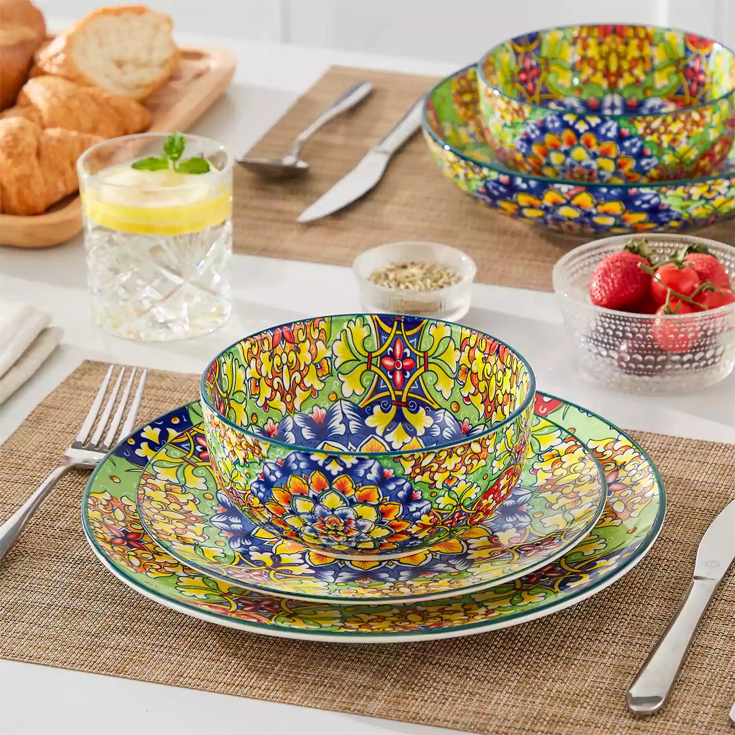 The Simi Set of 6 Double-Sided Stoneware Bowls by vancasso features a stylish boho chic design in grass green
