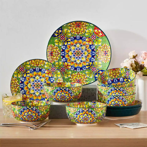 The Simi Set of 6 Double-Sided Stoneware Bowls by vancasso features a stylish boho chic design in grass green