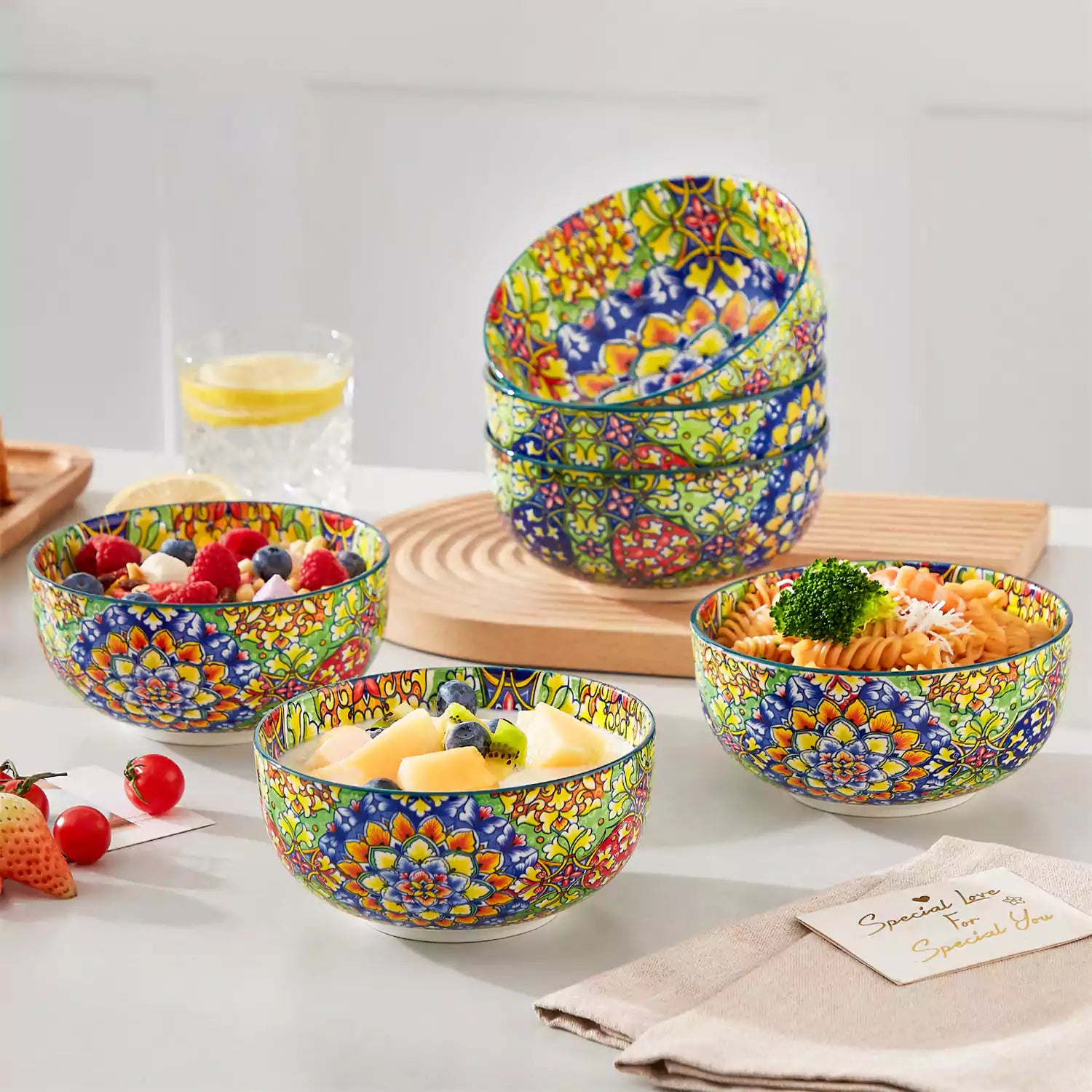The Simi Set of 6 Double-Sided Stoneware Bowls by vancasso features a stylish boho chic design in grass green