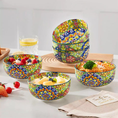 The Simi Set of 6 Double-Sided Stoneware Bowls by vancasso features a stylish boho chic design in grass green