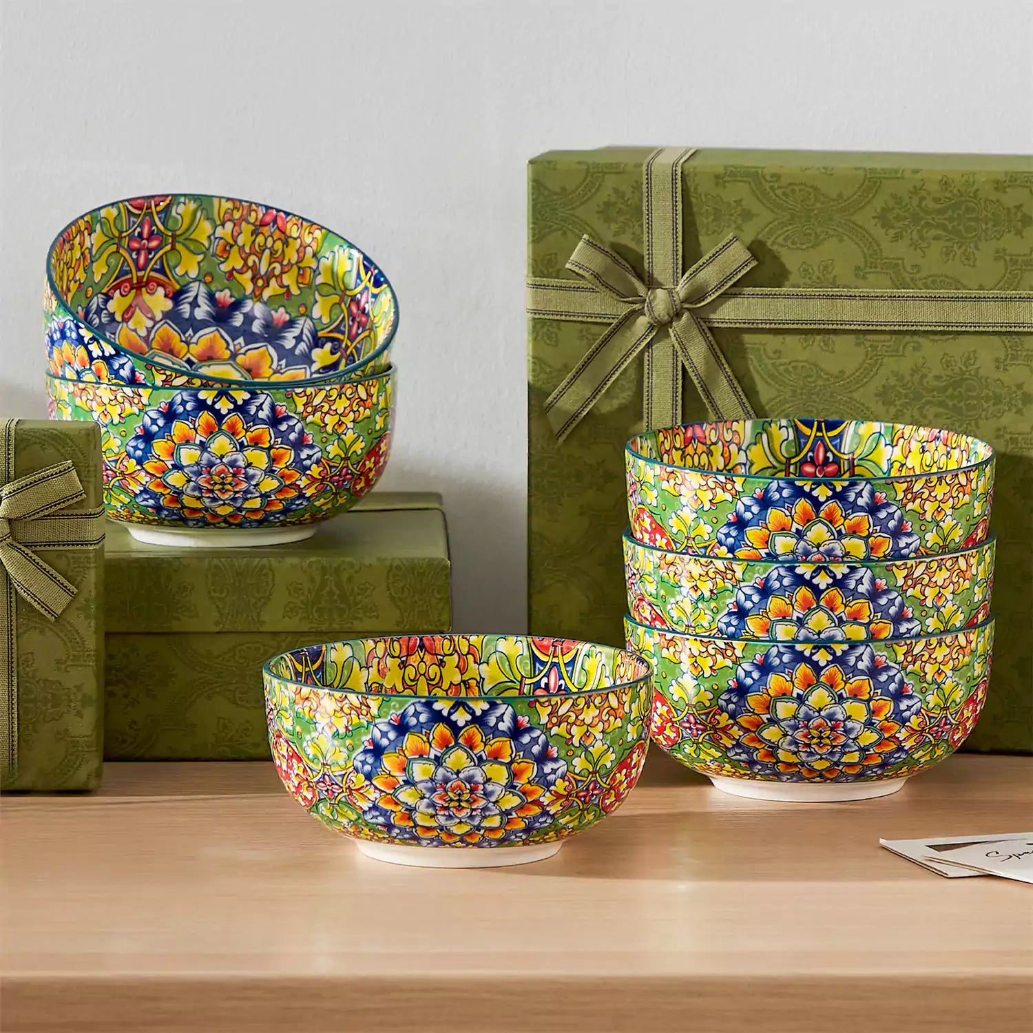 The Simi Set of 6 Double-Sided Stoneware Bowls by vancasso features a stylish boho chic design in grass green