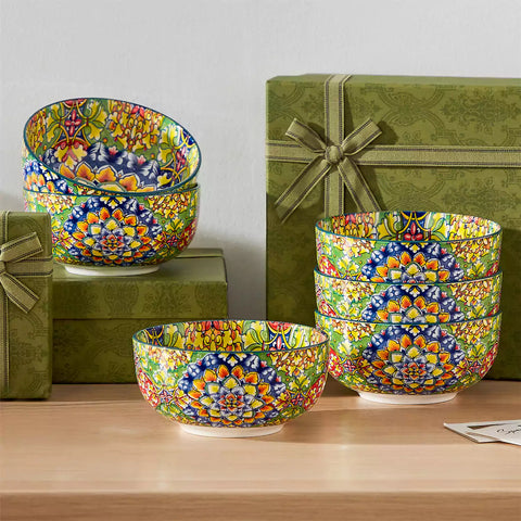 The Simi Set of 6 Double-Sided Stoneware Bowls by vancasso features a stylish boho chic design in grass green