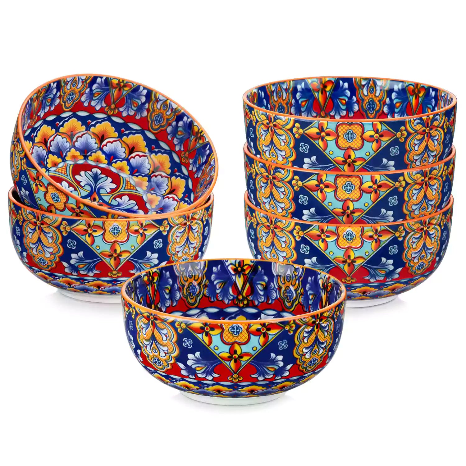 The Simi Set of 6 Double-Sided Stoneware Bowls by vancasso features a stylish boho chic design in flame red
