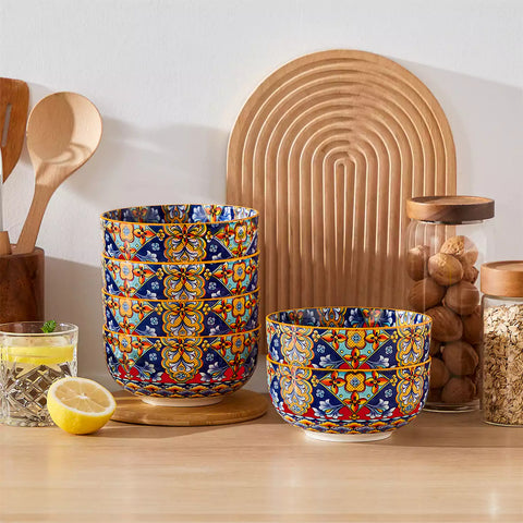 The Simi Set of 6 Double-Sided Stoneware Bowls by vancasso features a stylish boho chic design in flame red