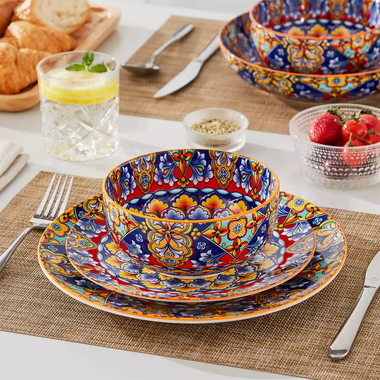 The Simi Set of 6 Double-Sided Stoneware Bowls by vancasso features a stylish boho chic design in flame red