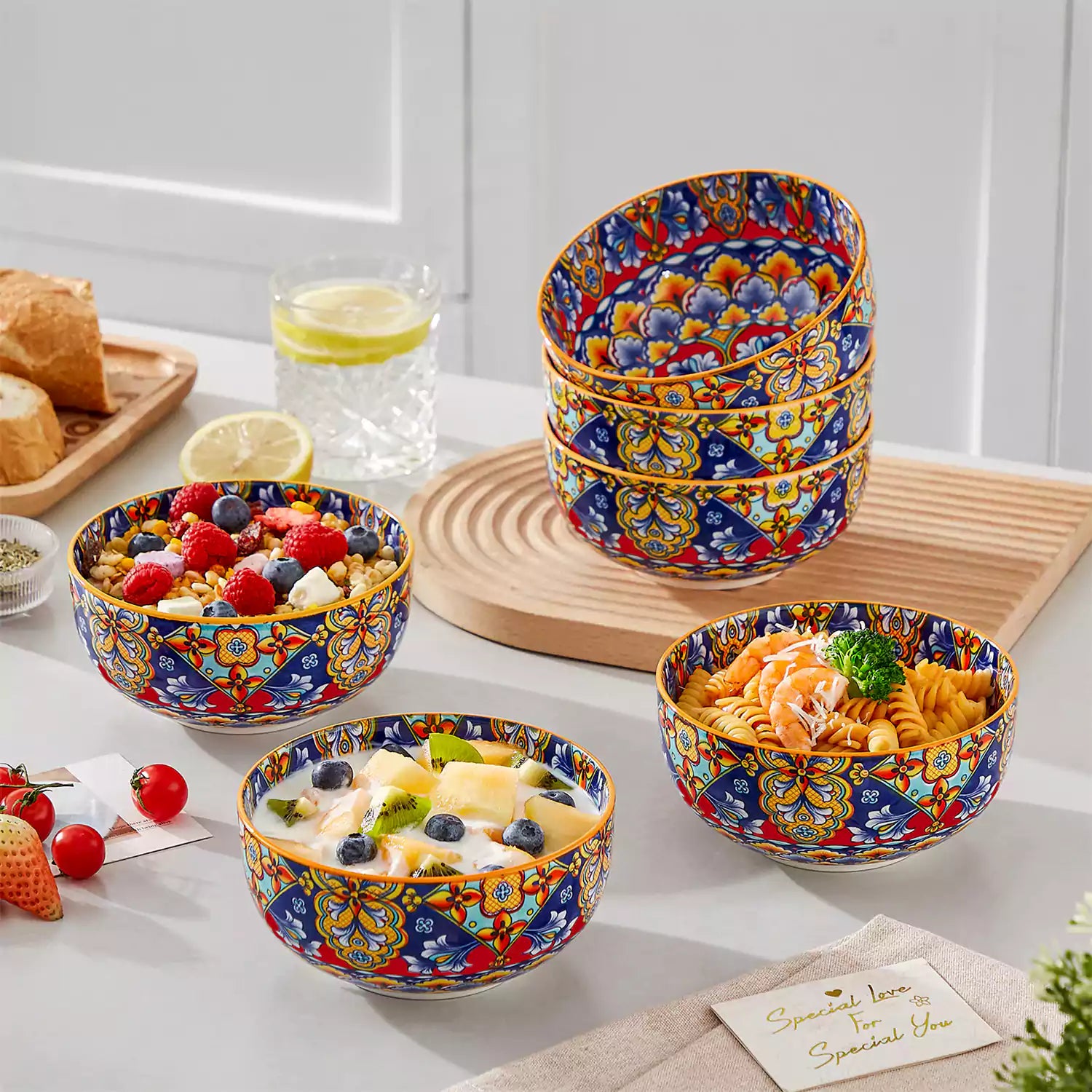 The Simi Set of 6 Double-Sided Stoneware Bowls by vancasso features a stylish boho chic design in flame red