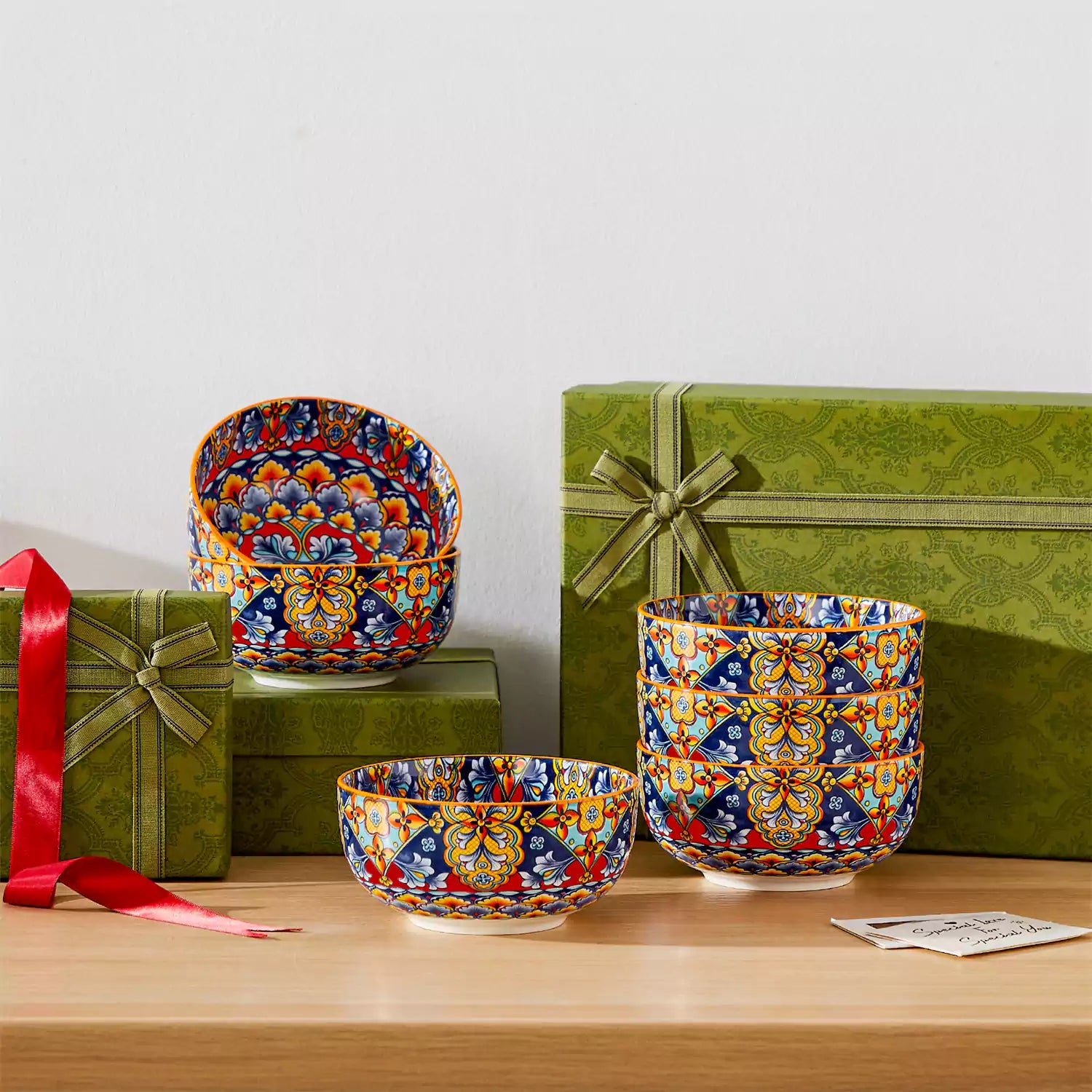 The Simi Set of 6 Double-Sided Stoneware Bowls by vancasso features a stylish boho chic design in flame red