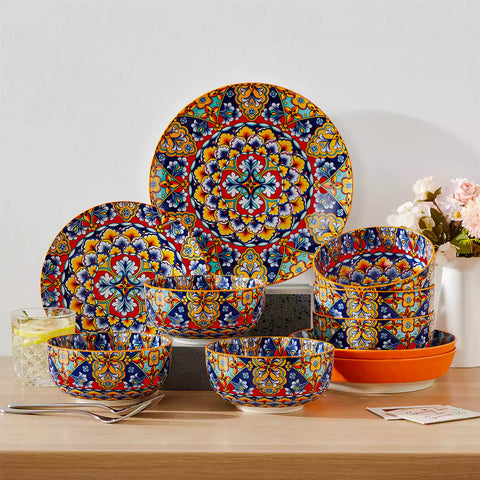 The Simi Set of 6 Double-Sided Stoneware Bowls by vancasso features a stylish boho chic design in flame red