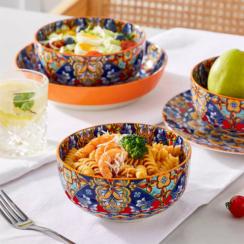 The Simi Set of 6 Double-Sided Stoneware Bowls by vancasso features a stylish boho chic design in flame red